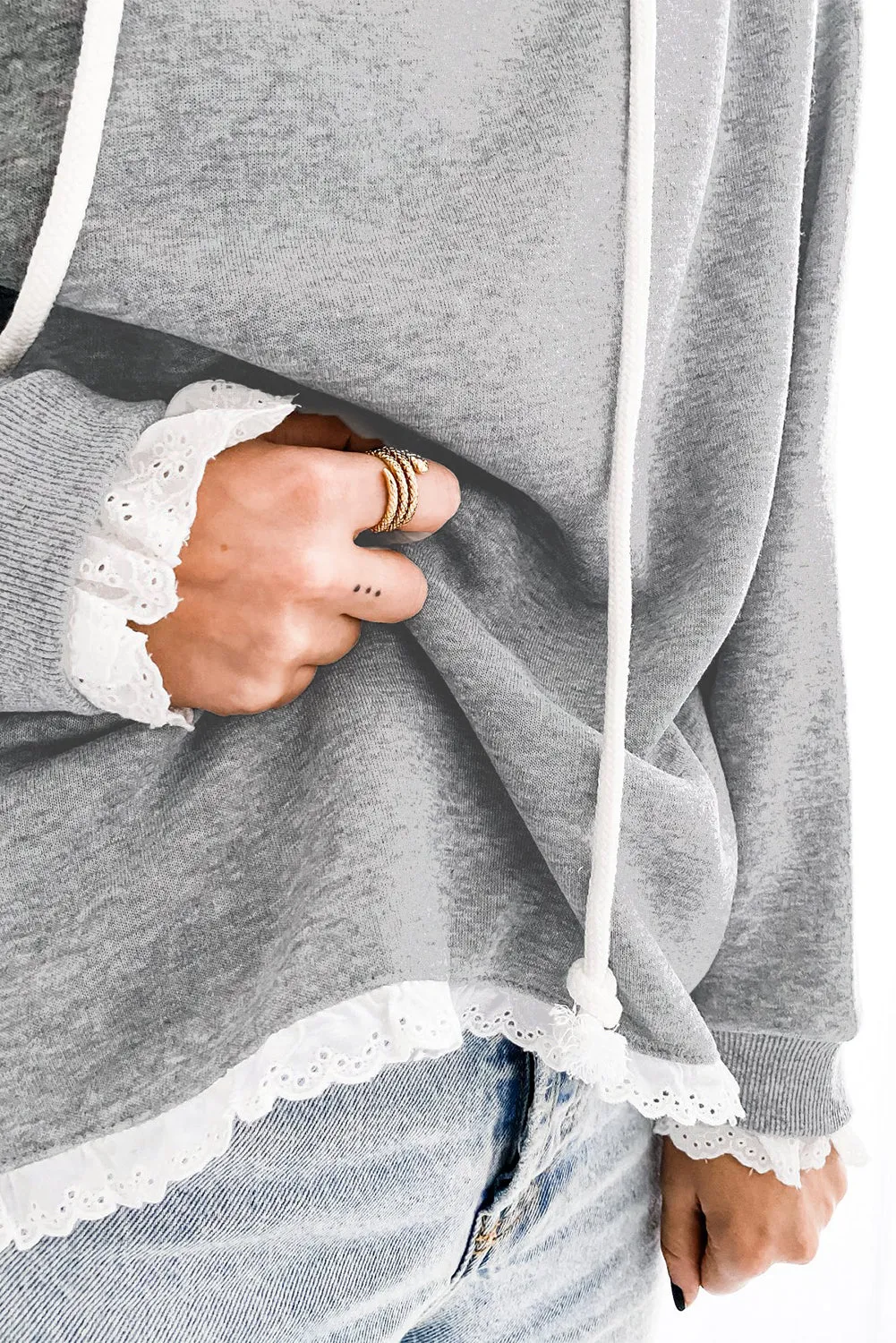 Lace Trim Solid Pullover Hoodie