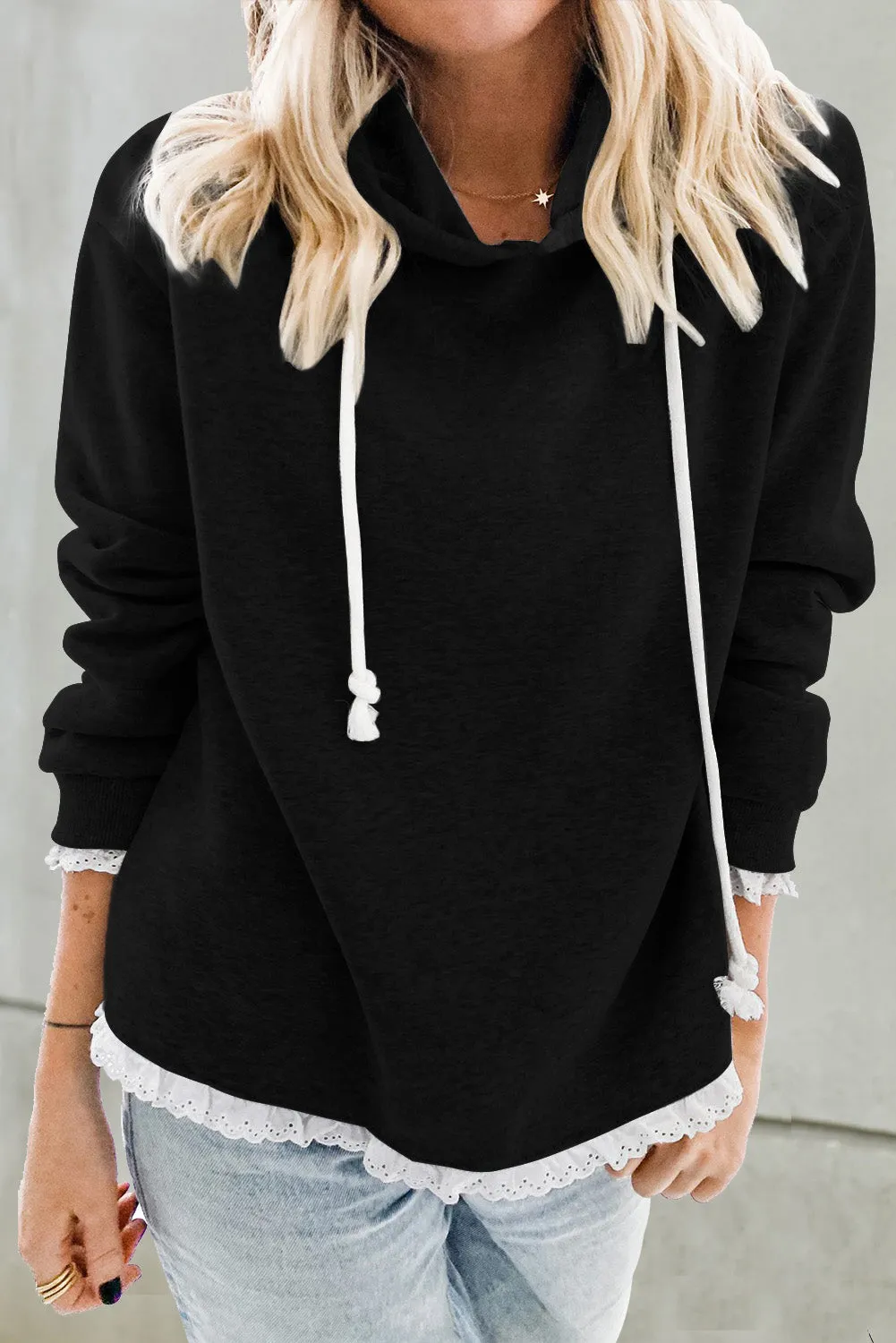 Lace Trim Solid Pullover Hoodie