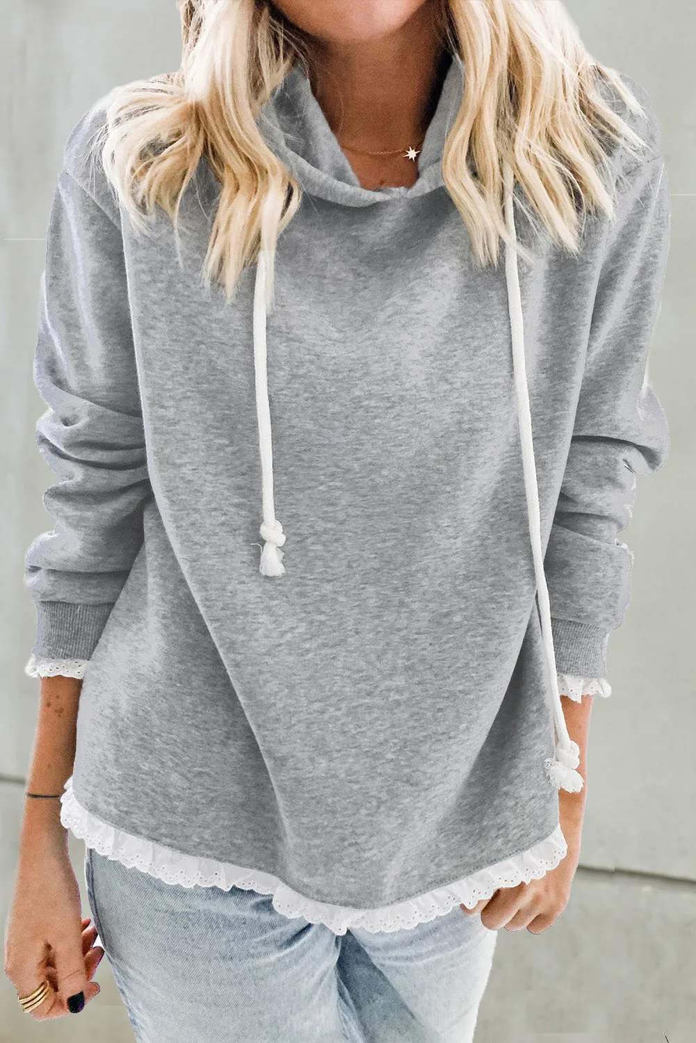 Lace Trim Solid Pullover Hoodie