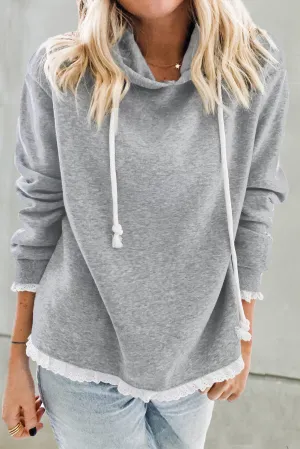 Lace Trim Solid Pullover Hoodie