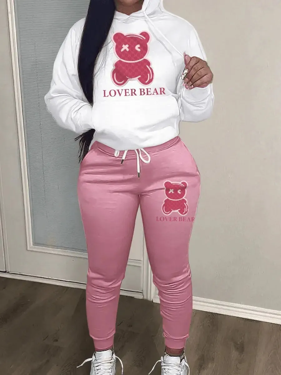 LW womens tracksuit set Letter Print casual set Autumn winter Long Sleeve Drawstring Pullover Hoodies Top SweatPants Jogger Suit