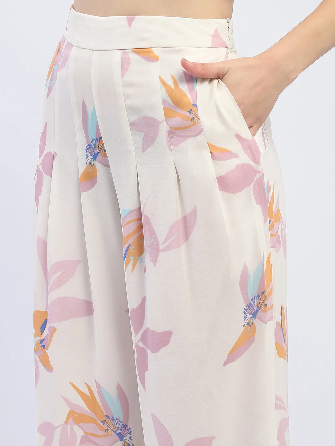 Madame Floral Off-White Front Pleated Trouser