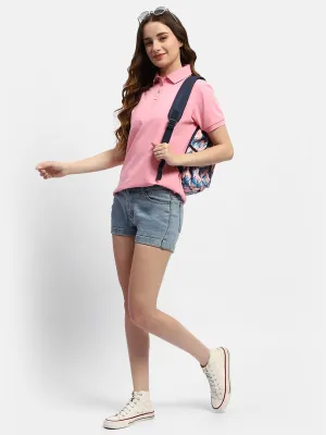 Madame Solid Pink Polo Neck T-Shirt