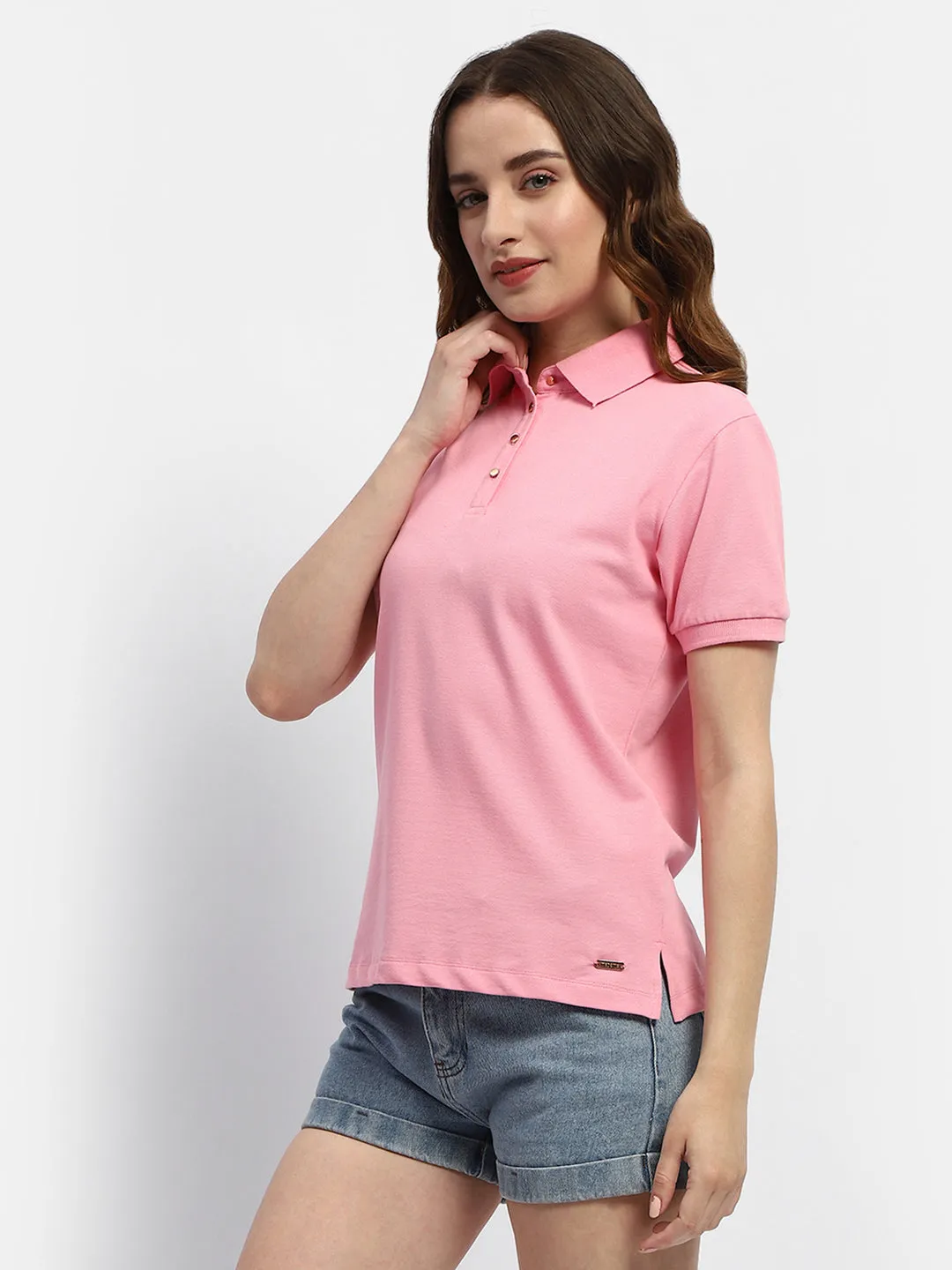 Madame Solid Pink Polo Neck T-Shirt