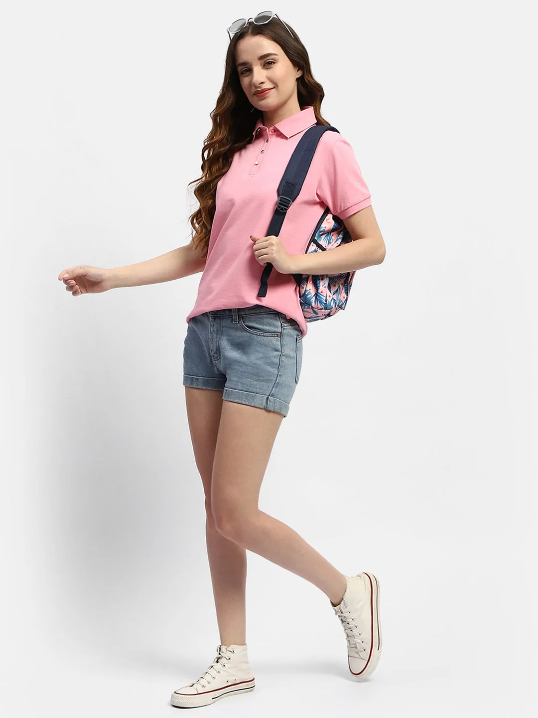 Madame Solid Pink Polo Neck T-Shirt