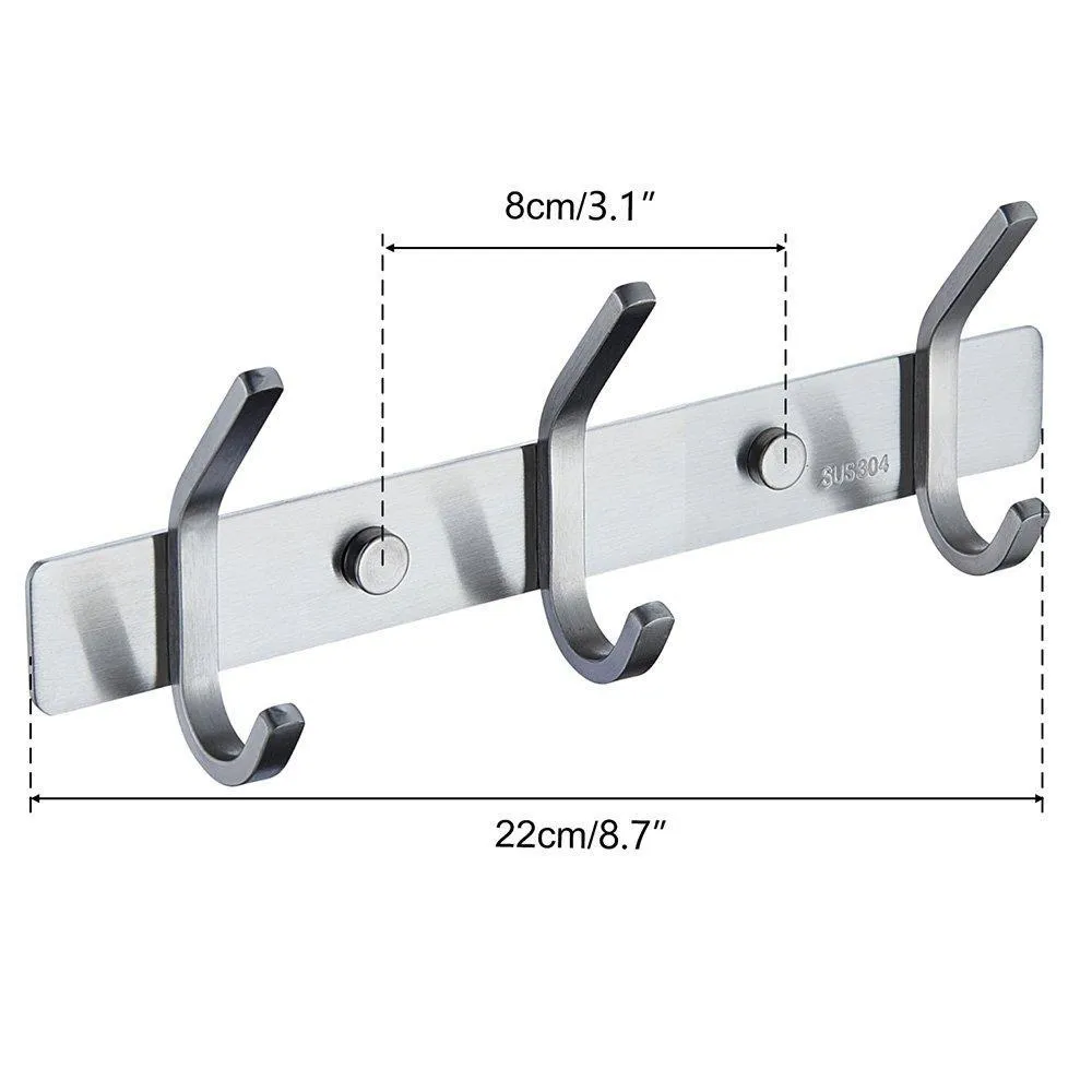 Mellewell Utility Hook Rails Storage Racks 8.7-Inch with 3 Heavy Duty Hooks, Wall Coat Robe Towel Pan Hook Hanger Bathroom Kitchen Organizer, Brushed Stainless Steel, 2 Pack, 08002HK03