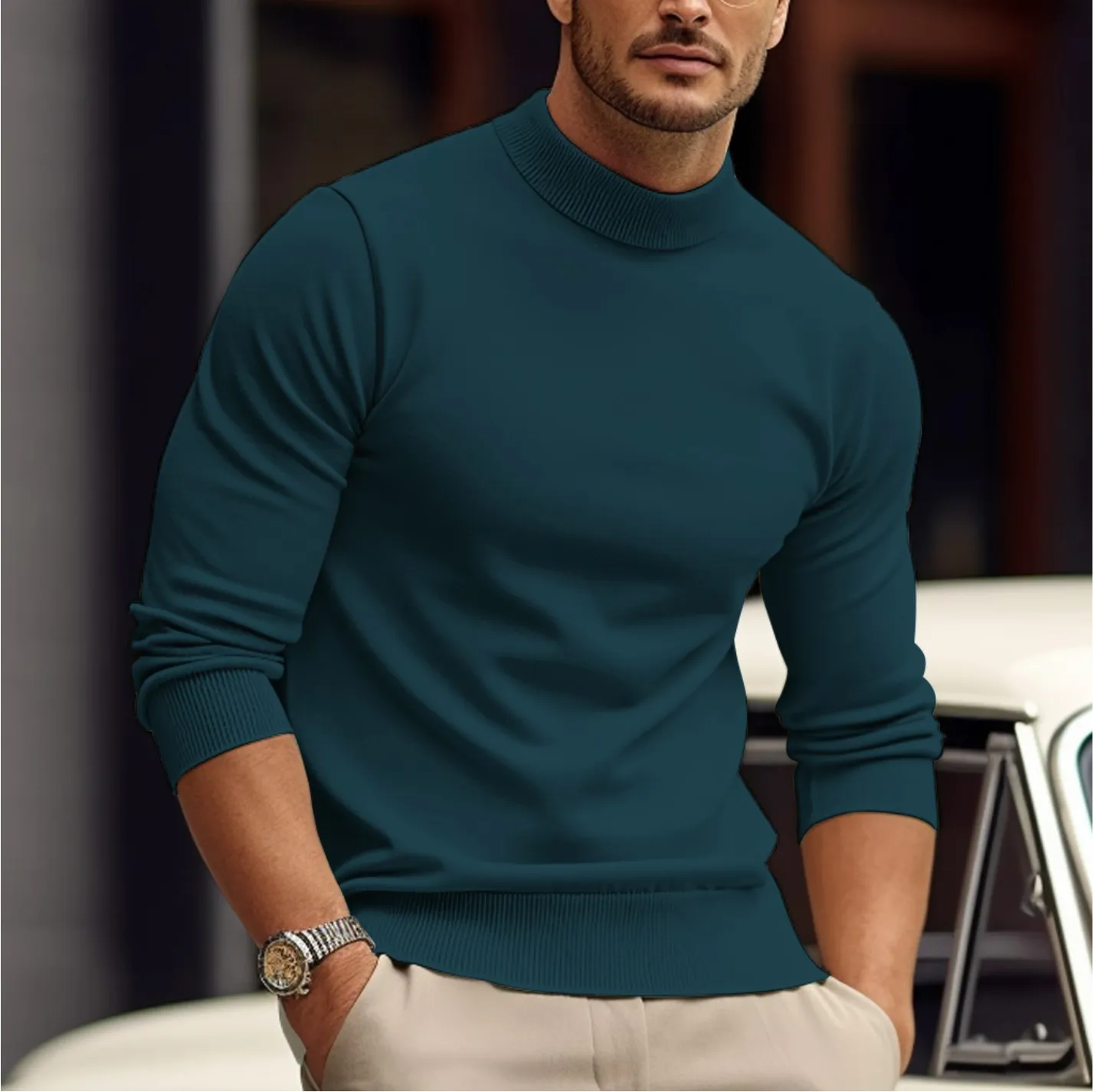 Men's Lightweight Mock Neck Pullover Sweater – Slim Fit Long Sleeve Knit for Smart Casual and Workwear Style