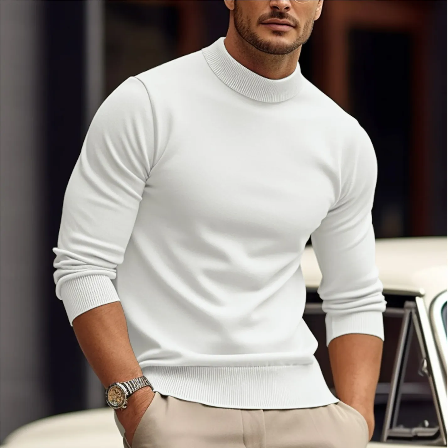 Men's Lightweight Mock Neck Pullover Sweater – Slim Fit Long Sleeve Knit for Smart Casual and Workwear Style