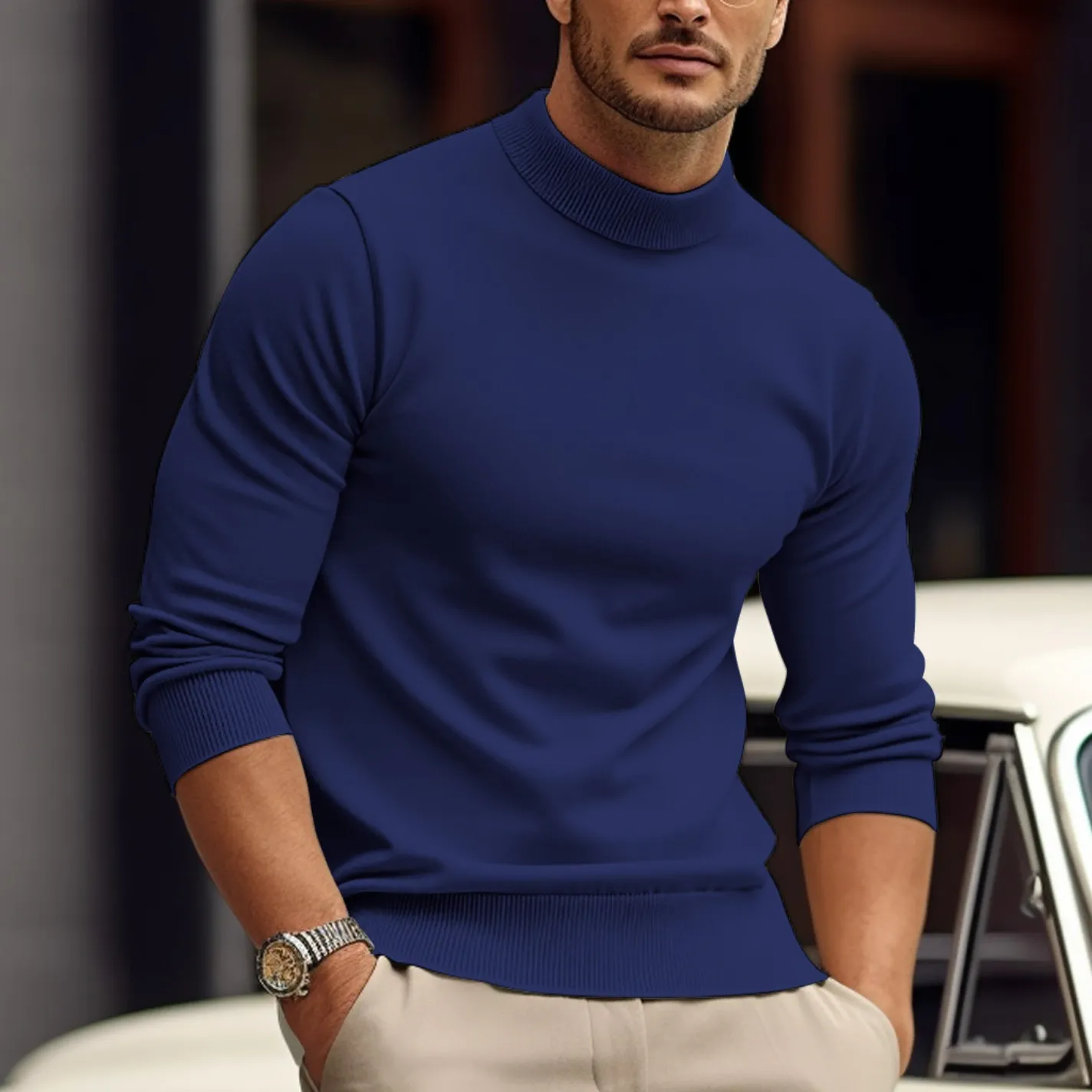 Men's Lightweight Mock Neck Pullover Sweater – Slim Fit Long Sleeve Knit for Smart Casual and Workwear Style