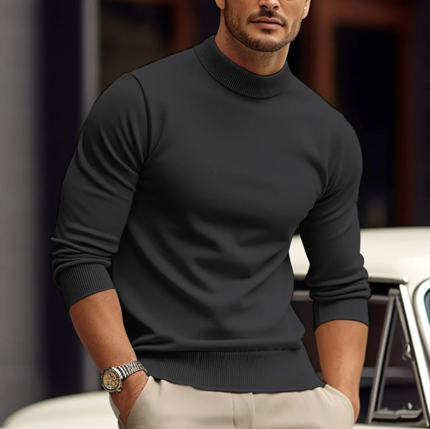 Men's Lightweight Mock Neck Pullover Sweater – Slim Fit Long Sleeve Knit for Smart Casual and Workwear Style