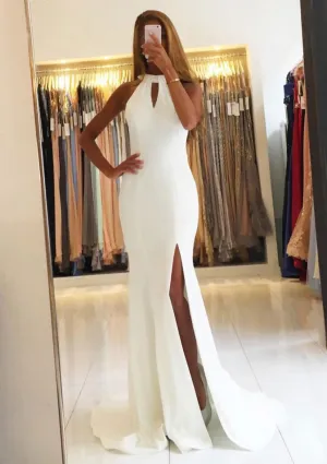 Mermaid Open Back Slit Ivory Satin Sweep Keyhole Halter Evening Gown
