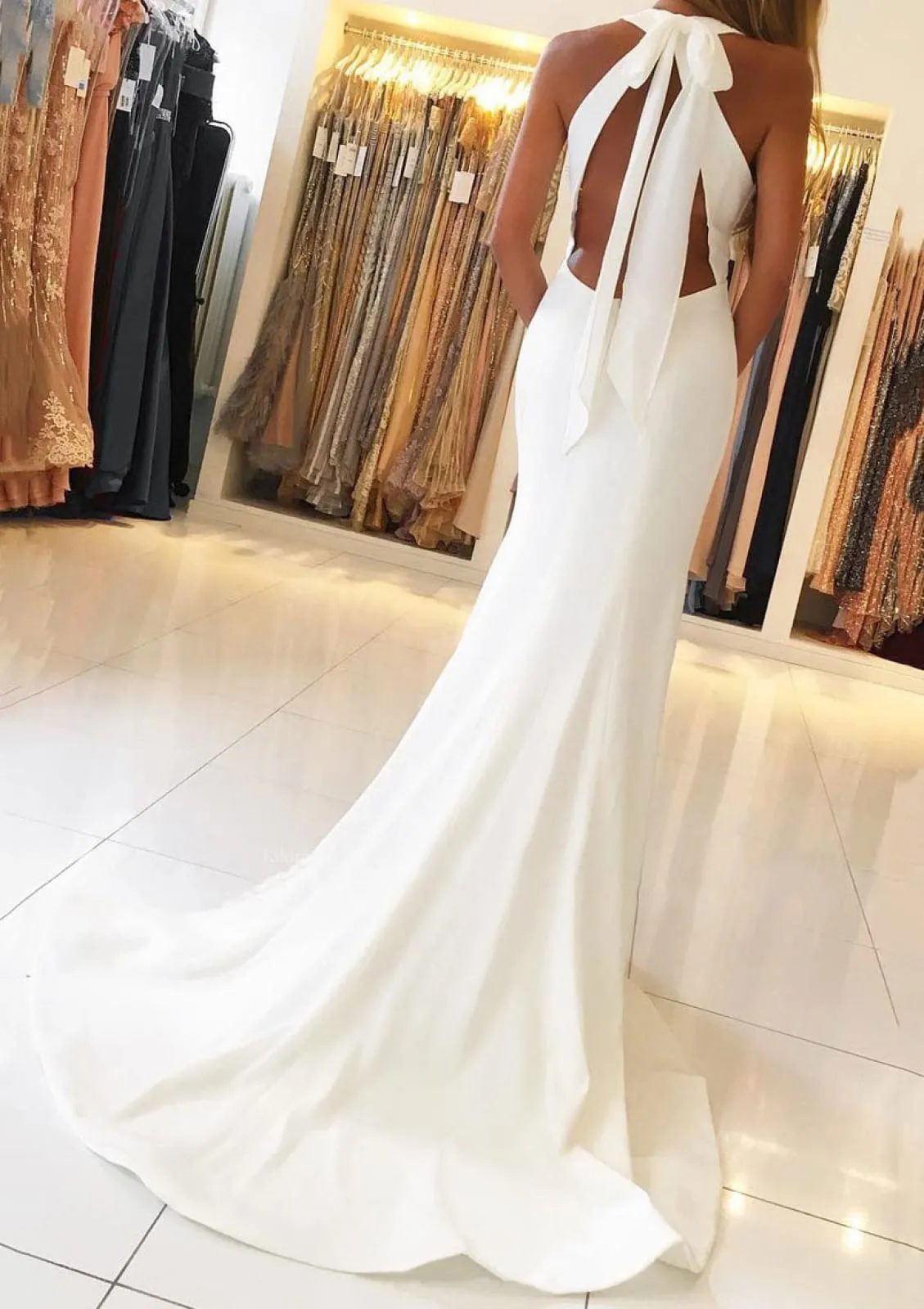 Mermaid Open Back Slit Ivory Satin Sweep Keyhole Halter Evening Gown
