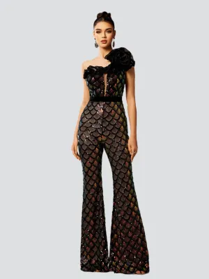 Mermaid Scale Floral One-Shoulder Sequin Jumpsuit DH80223