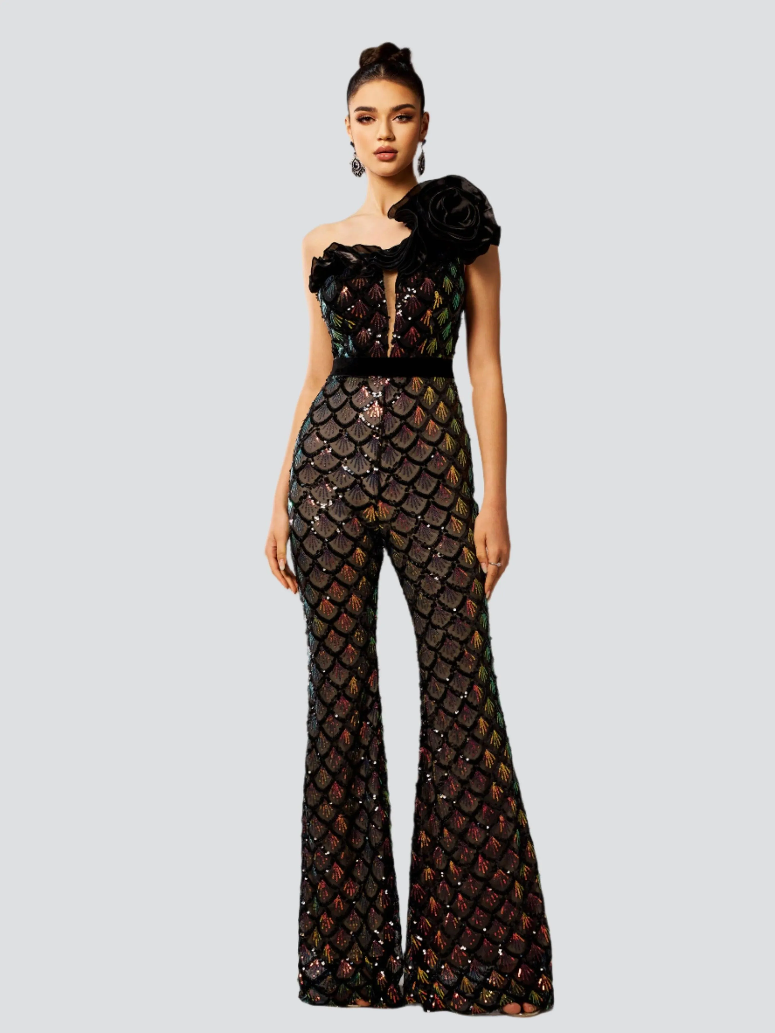 Mermaid Scale Floral One-Shoulder Sequin Jumpsuit DH80223
