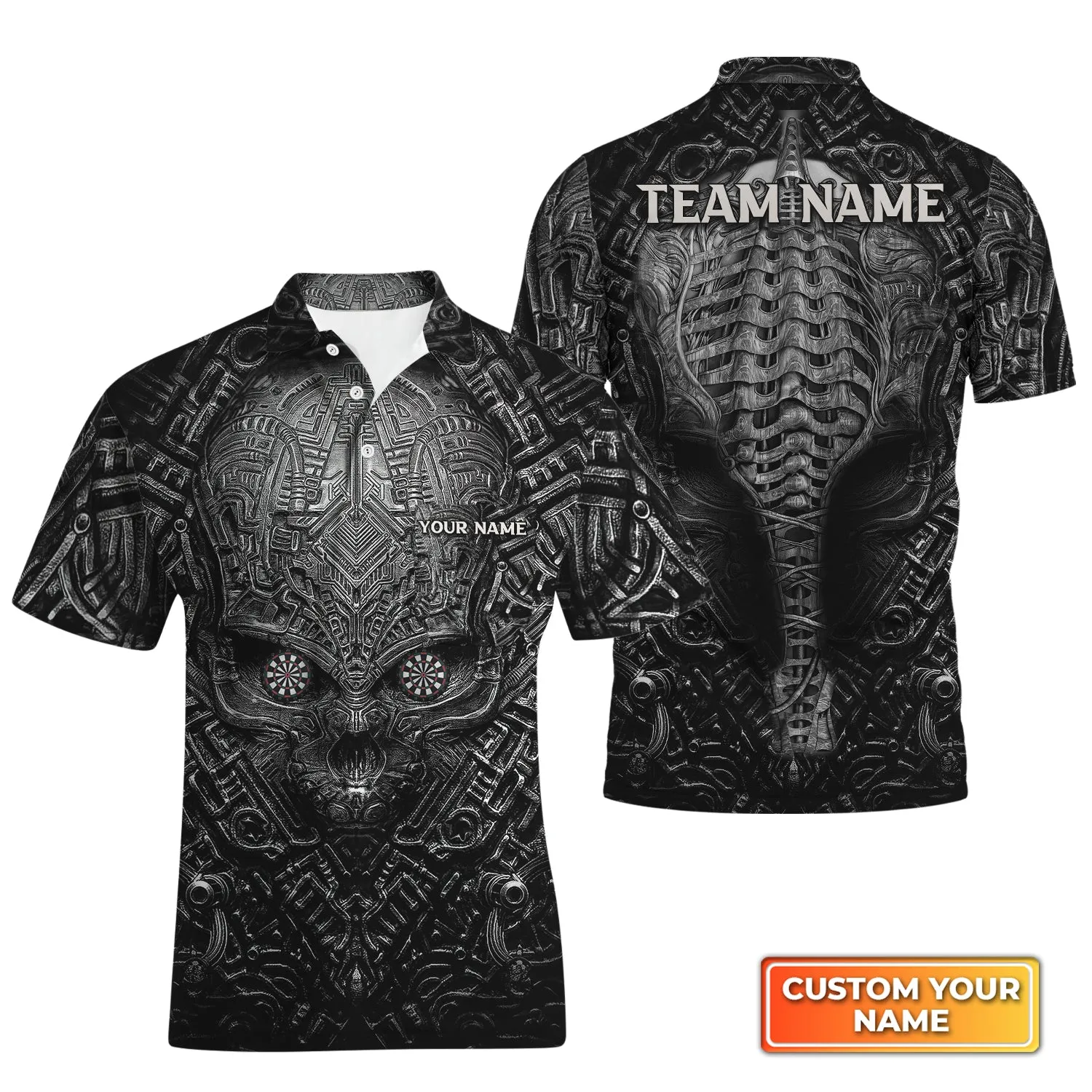 Metal Skull Dartboard Personalized Name & Team Name 3D Polo Shirt With Pocket Tad