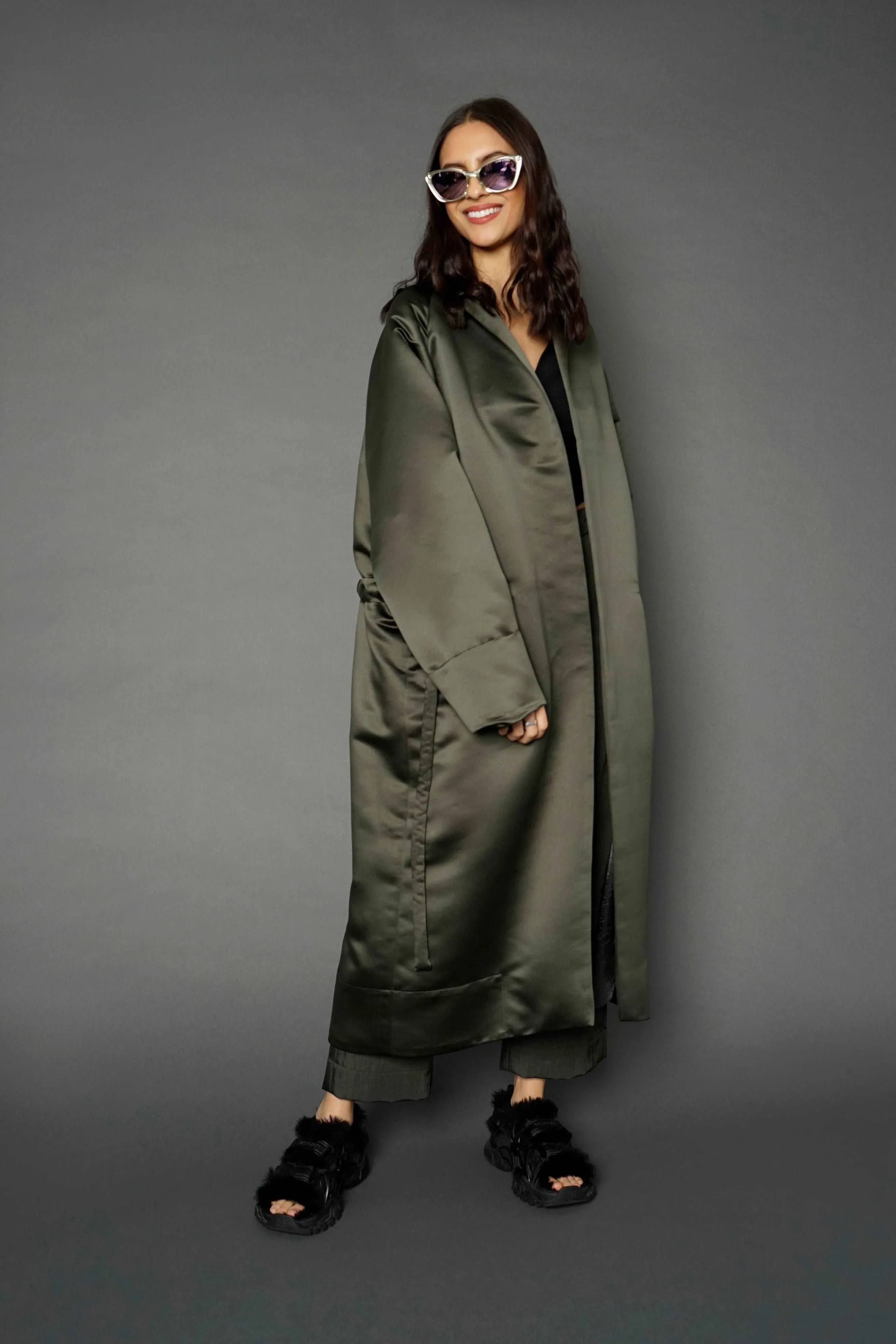 Min Olive Green Voluminous Long Jacket