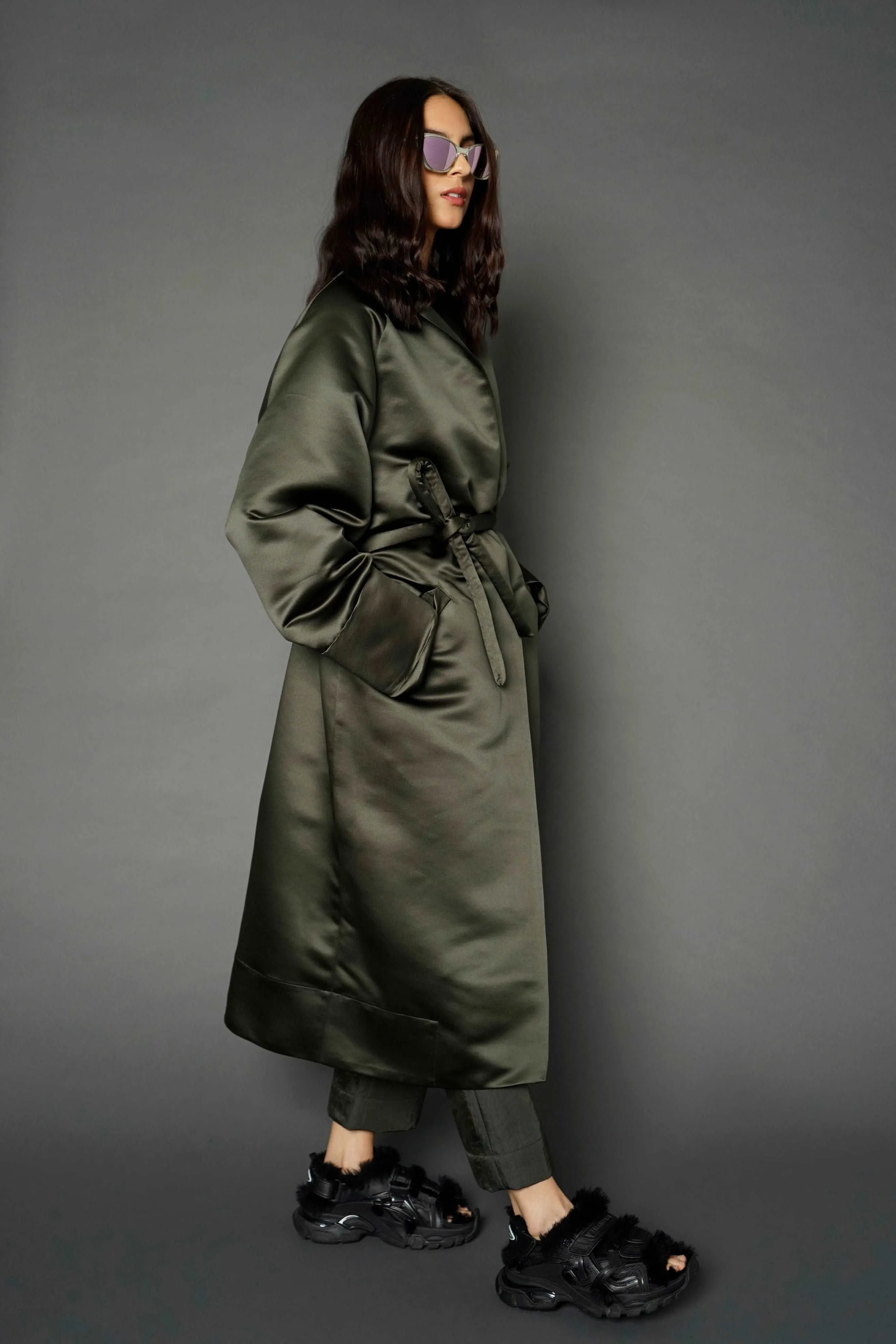 Min Olive Green Voluminous Long Jacket