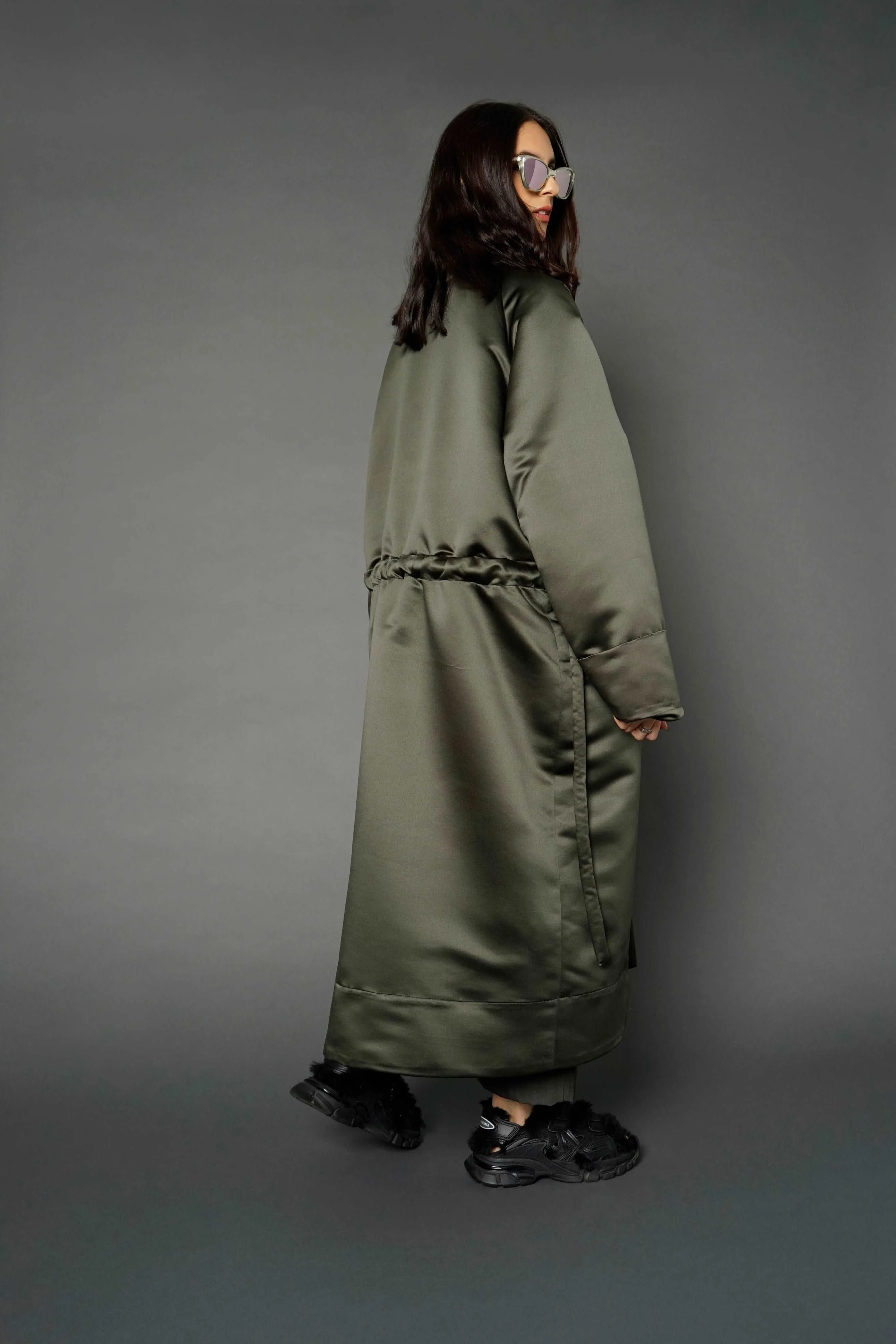 Min Olive Green Voluminous Long Jacket