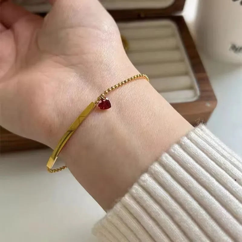 Mini Red Heart Zircon Charm Beaded Chain Bracelet