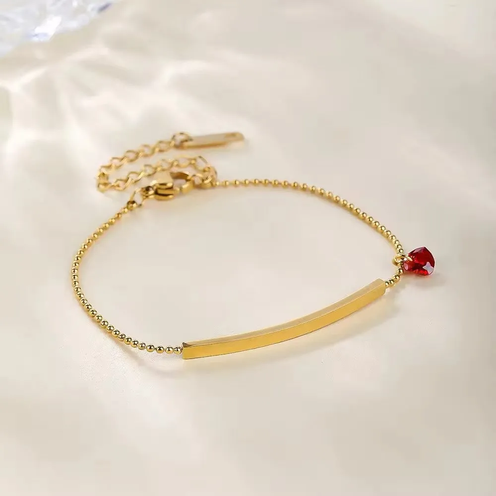 Mini Red Heart Zircon Charm Beaded Chain Bracelet