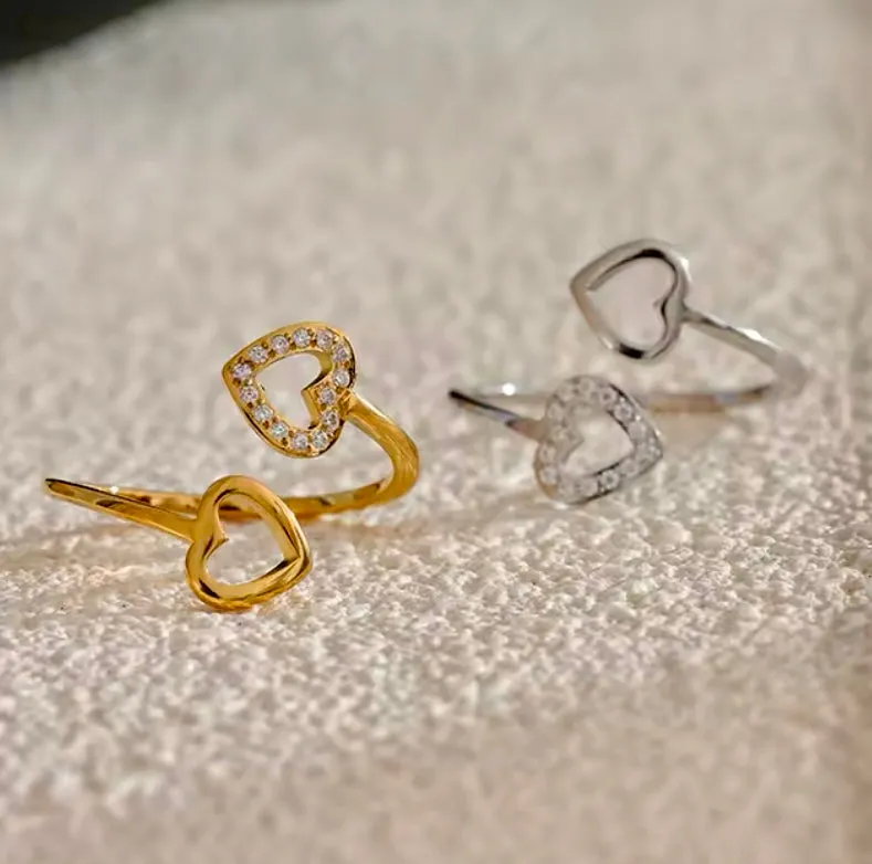 Open Double Heart Zircon Ring