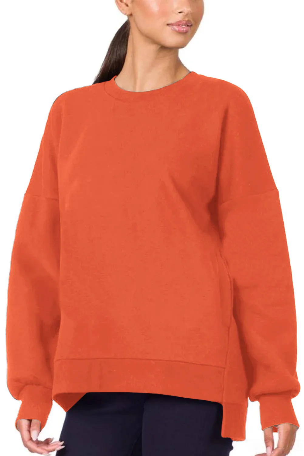 Orange Plain Drop Shoulder High Low Sweatshirt