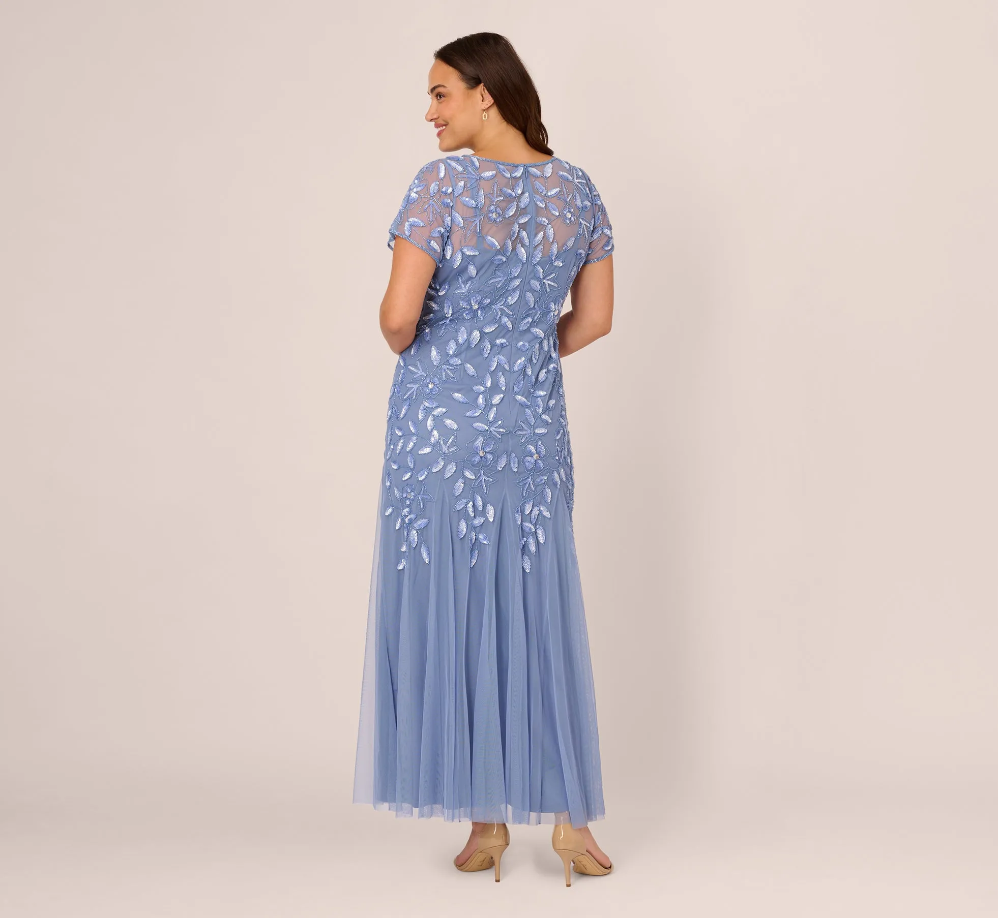 Plus Size Hand Beaded Short Sleeve Floral Godet Gown In French Blue
