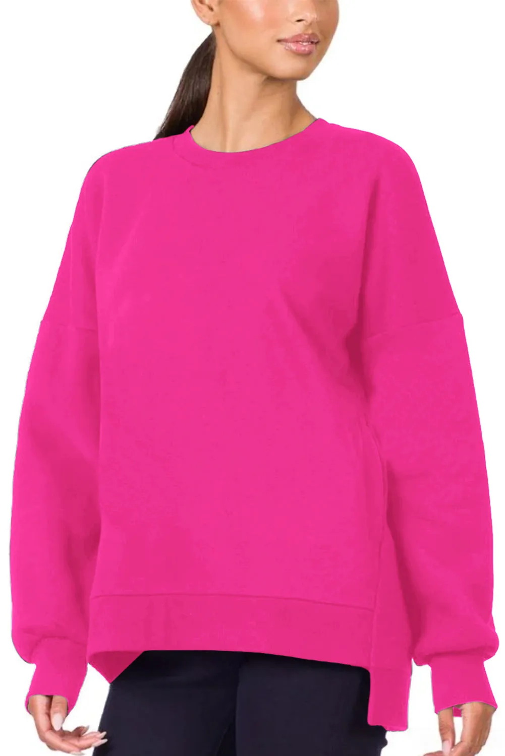 Rose Red Plain Drop Shoulder High Low Sweatshirt