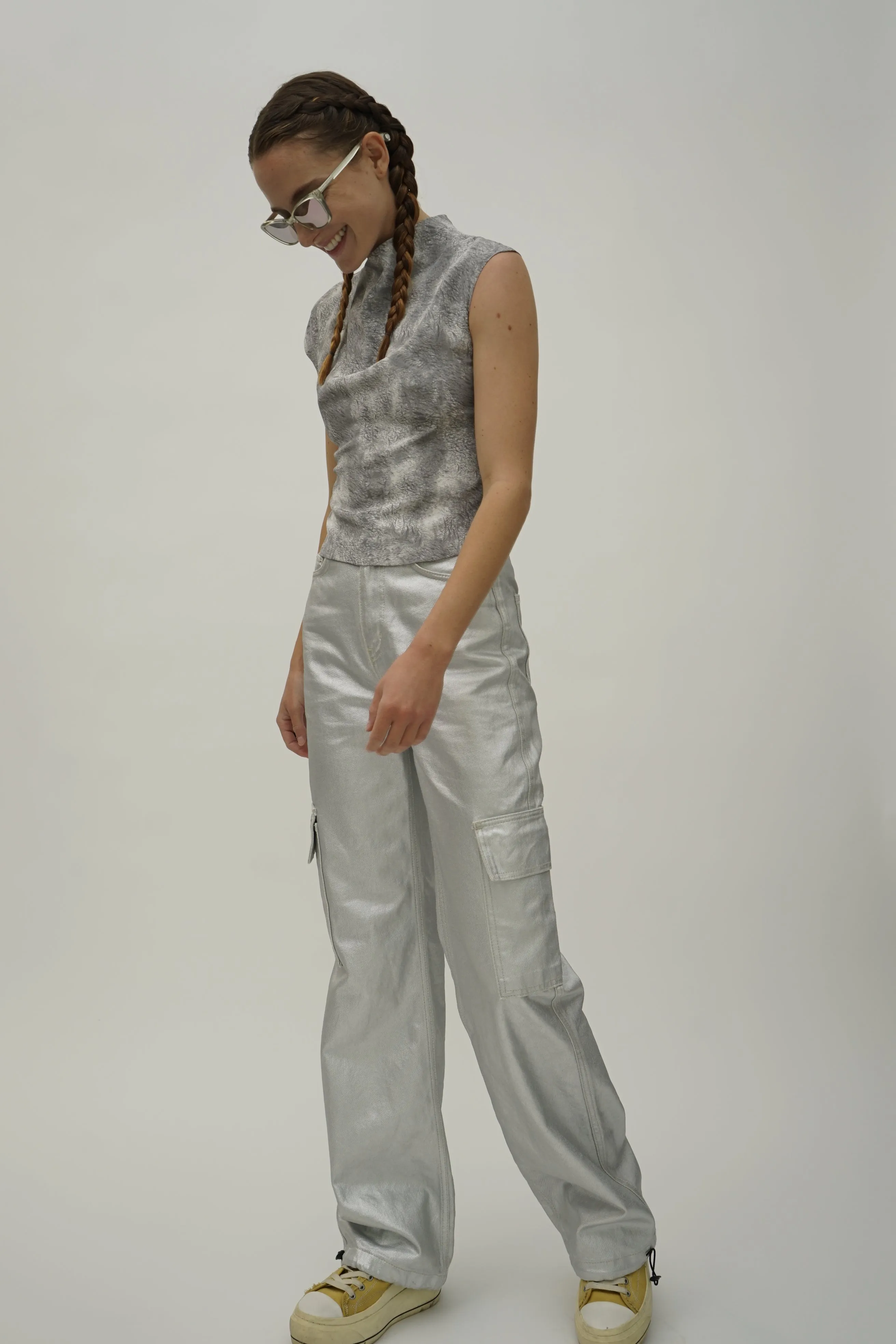 Santo Grey Print Asymmetric Silk Top