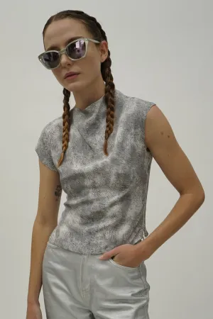 Santo Grey Print Asymmetric Silk Top