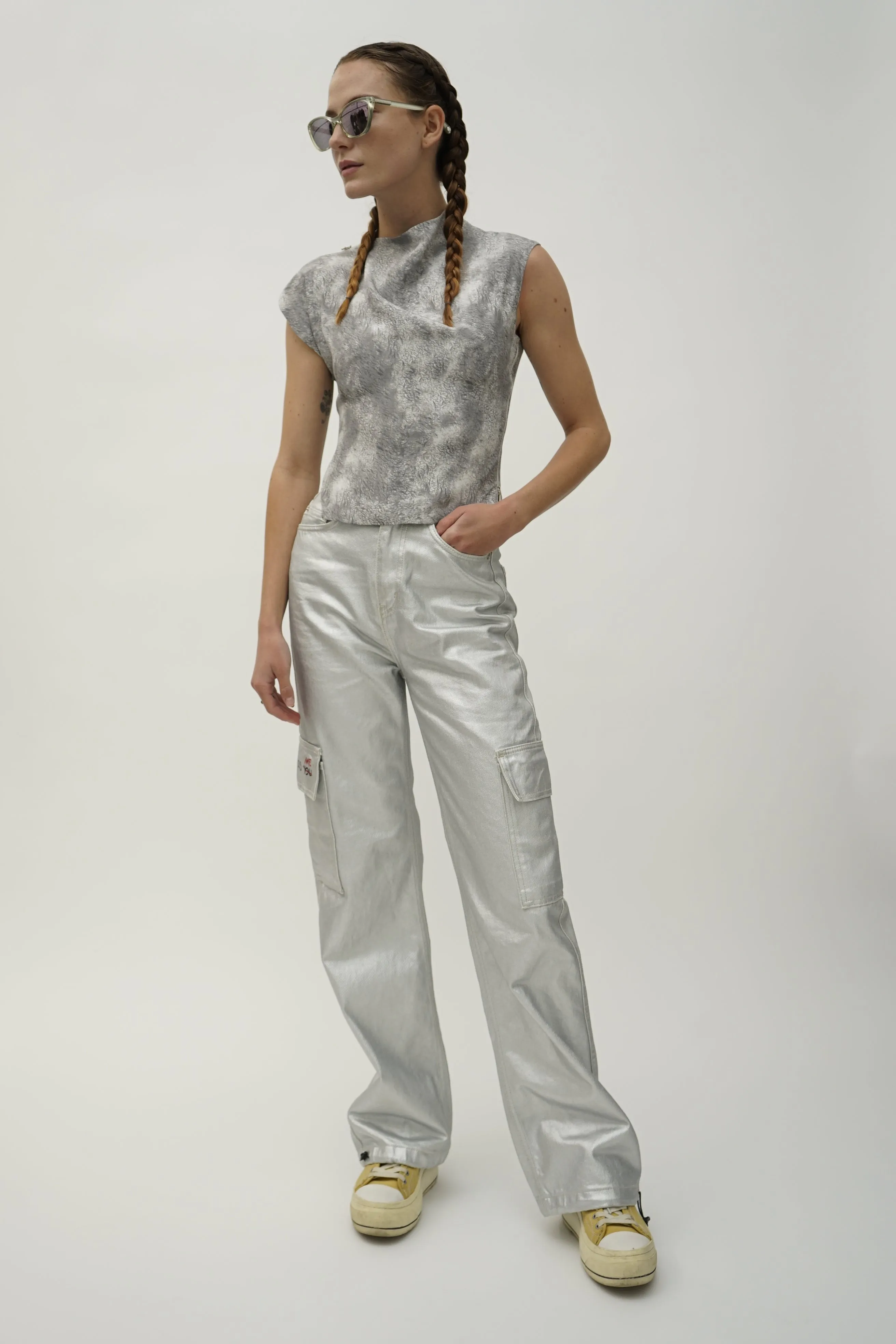 Santo Grey Print Asymmetric Silk Top