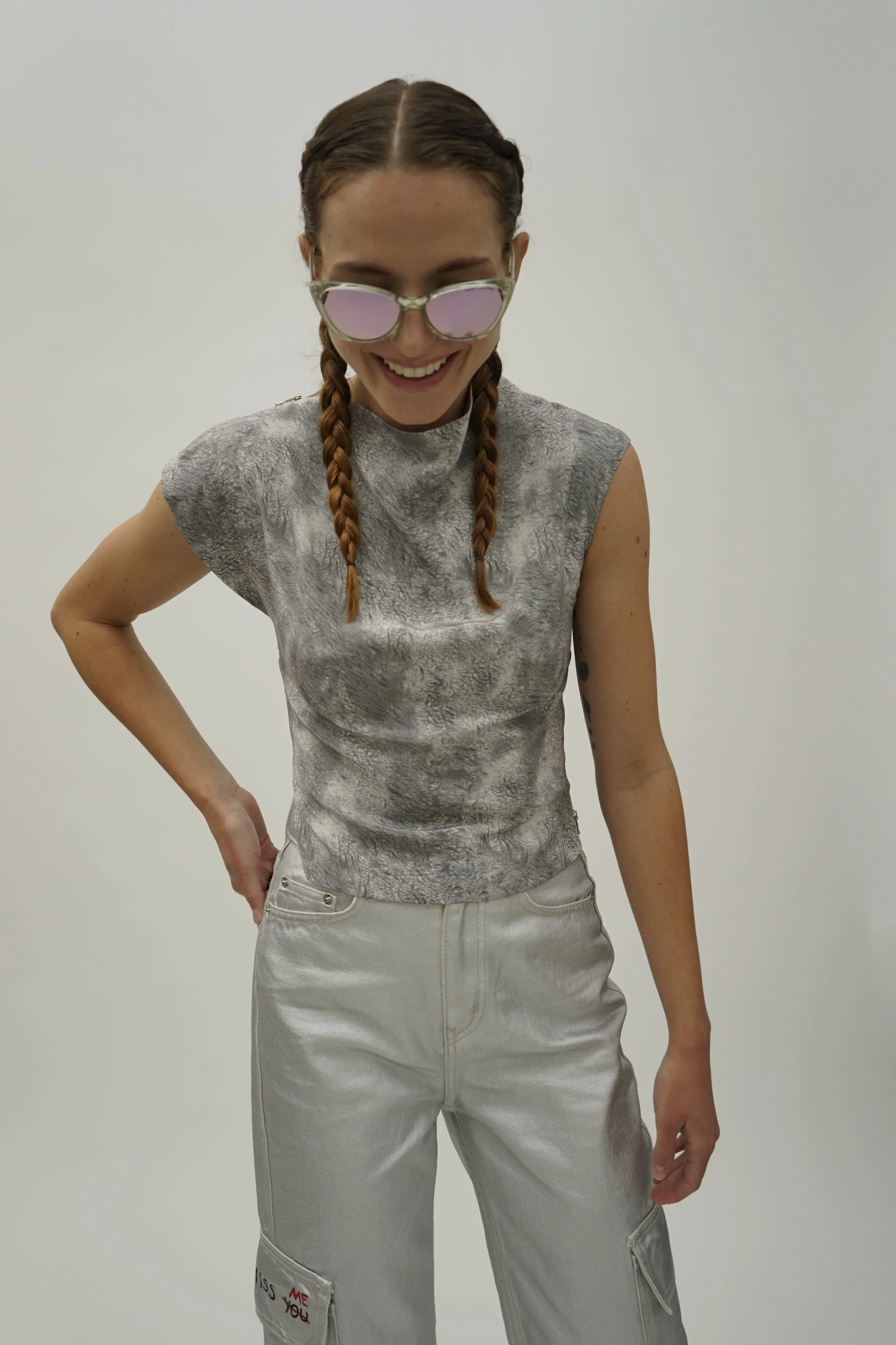 Santo Grey Print Asymmetric Silk Top