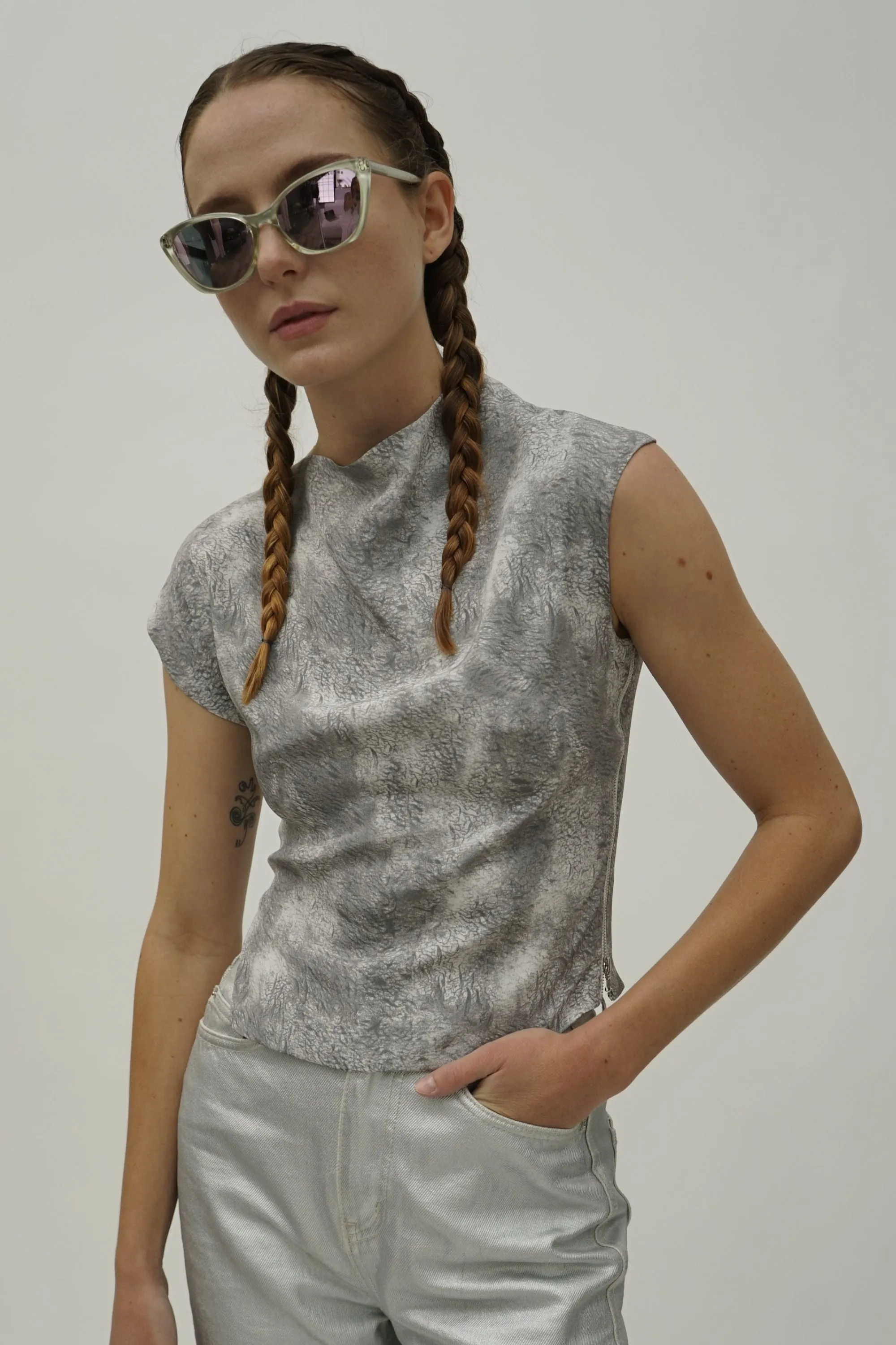 Santo Grey Print Asymmetric Silk Top