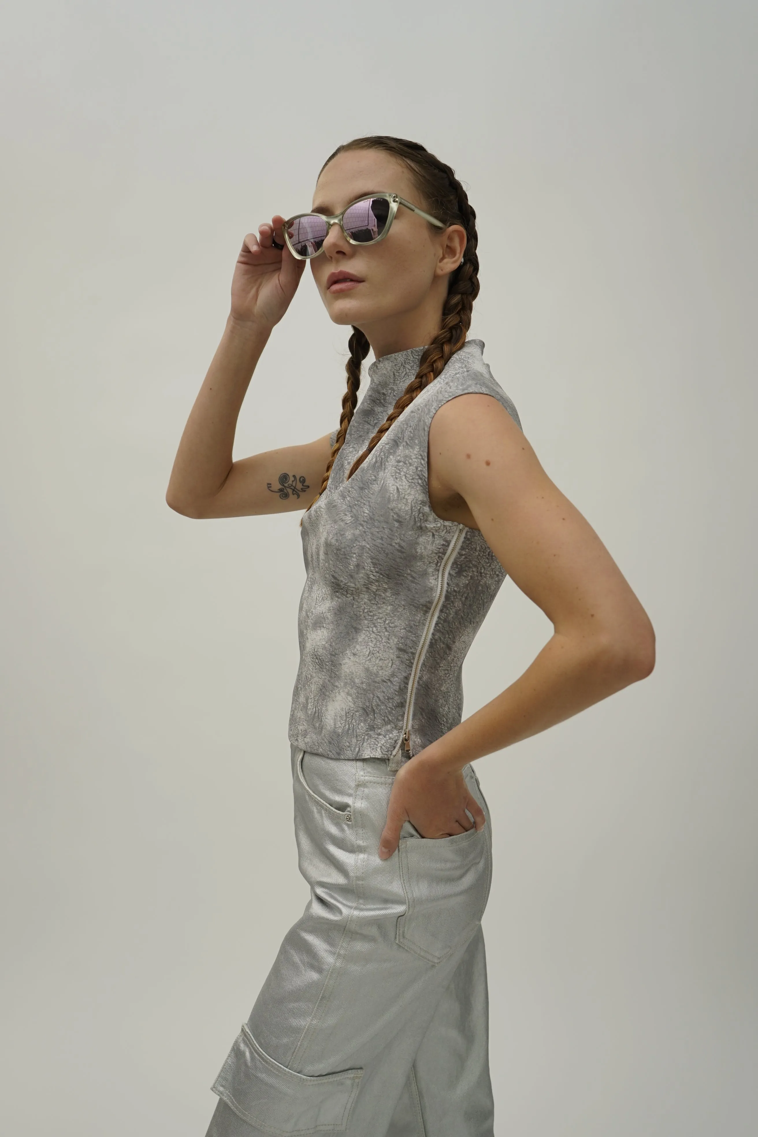 Santo Grey Print Asymmetric Silk Top