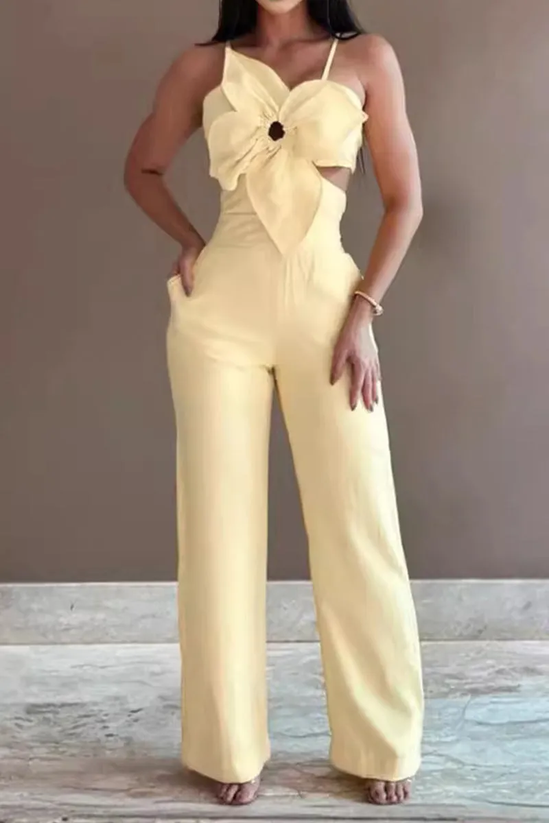 Sexy Solid Hollowed Out Pocket Flowers Regular Jumpsuits