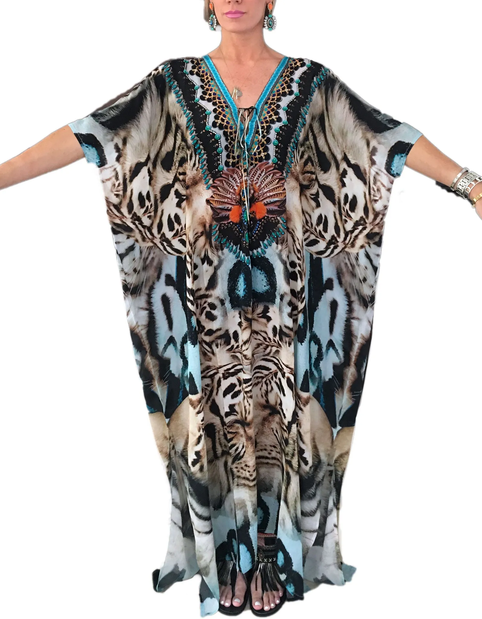 Shahida Parides Long Lace Up Kaftan Dress in White Tiger