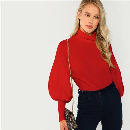 SHEIN Red Workwear Office Lady Mock Neck Leg-of-Mutton Sleeve Solid Pullover Sweatshirt Autumn Elegant Women Sweatshirts