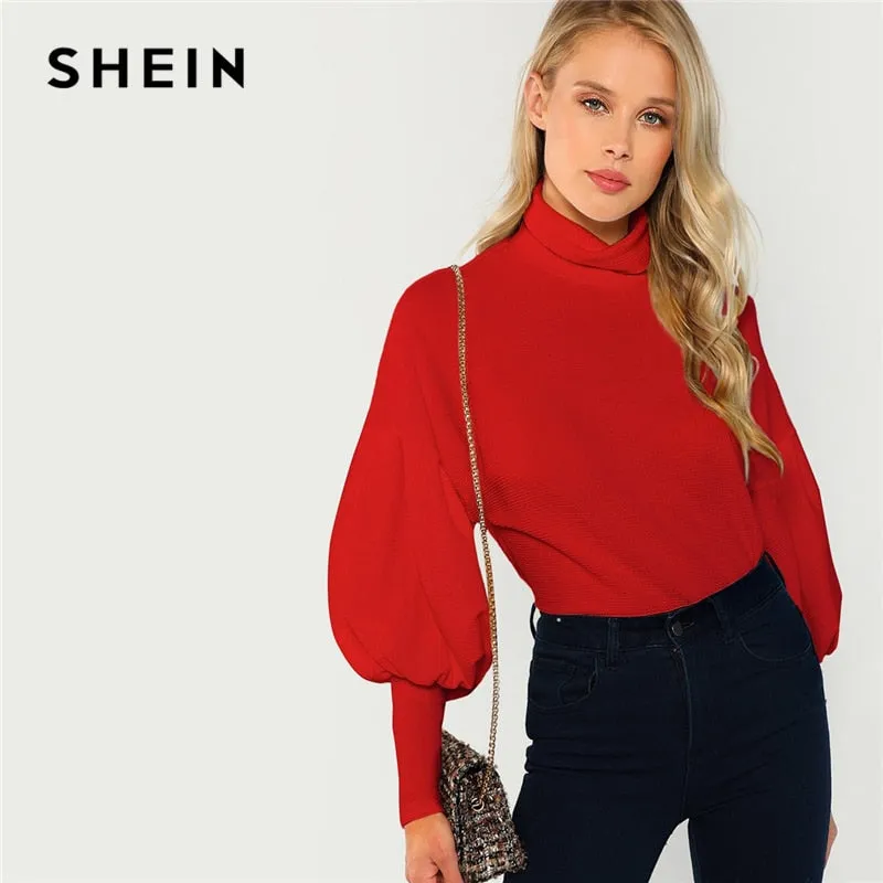 SHEIN Red Workwear Office Lady Mock Neck Leg-of-Mutton Sleeve Solid Pullover Sweatshirt Autumn Elegant Women Sweatshirts