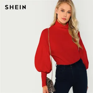 SHEIN Red Workwear Office Lady Mock Neck Leg-of-Mutton Sleeve Solid Pullover Sweatshirt Autumn Elegant Women Sweatshirts