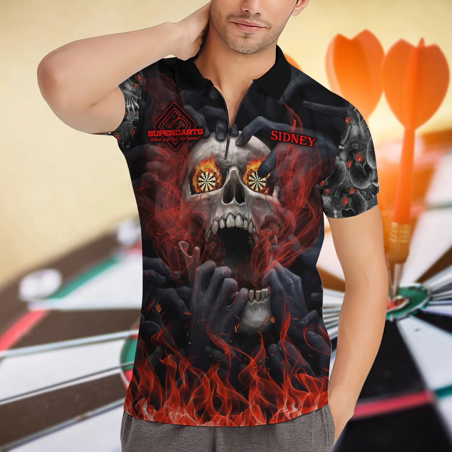 SIDNEY VAUGHN Skull 3D Zipper Polo Shirt