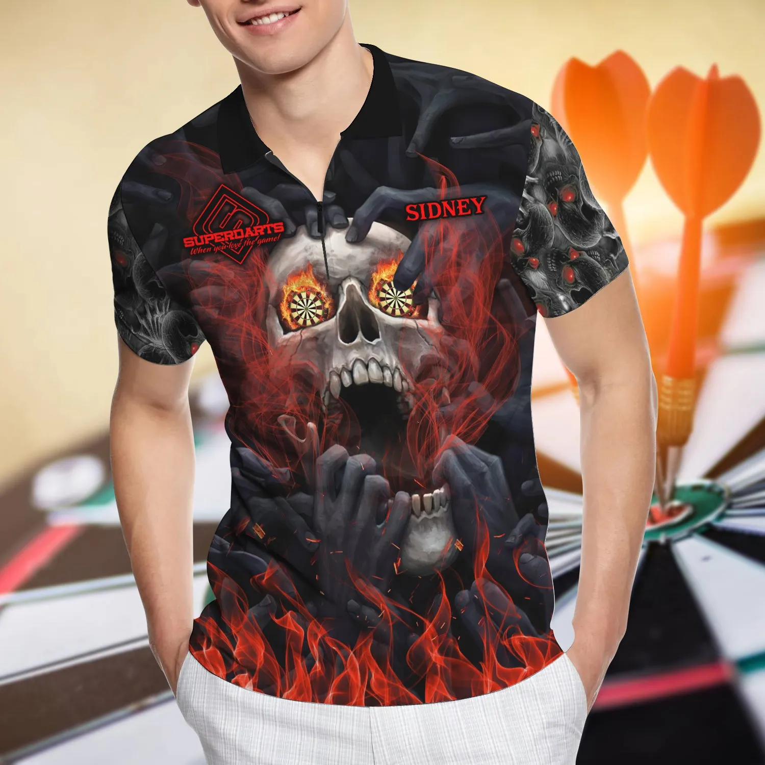 SIDNEY VAUGHN Skull 3D Zipper Polo Shirt