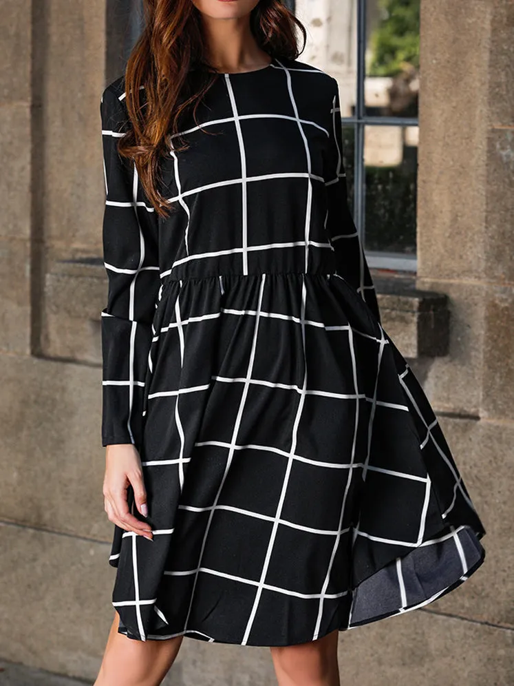 Simple Large Plaid Printed Long Sleeve Midi Dress