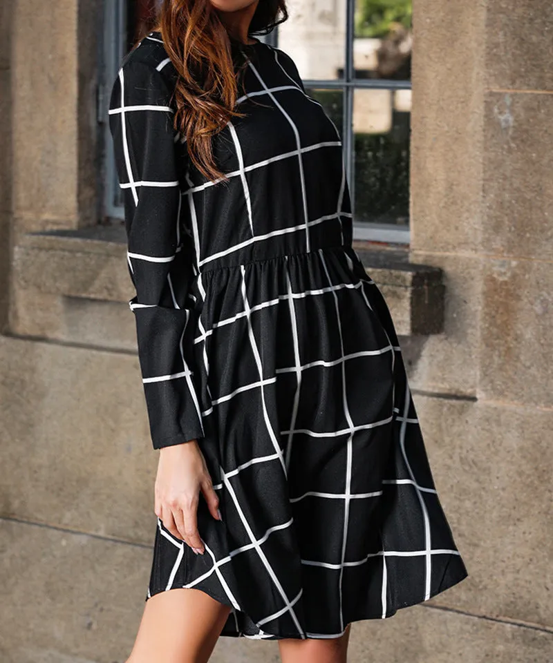 Simple Large Plaid Printed Long Sleeve Midi Dress