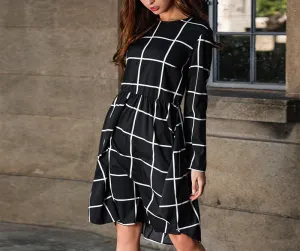 Simple Large Plaid Printed Long Sleeve Midi Dress