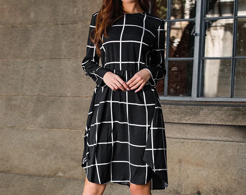 Simple Large Plaid Printed Long Sleeve Midi Dress