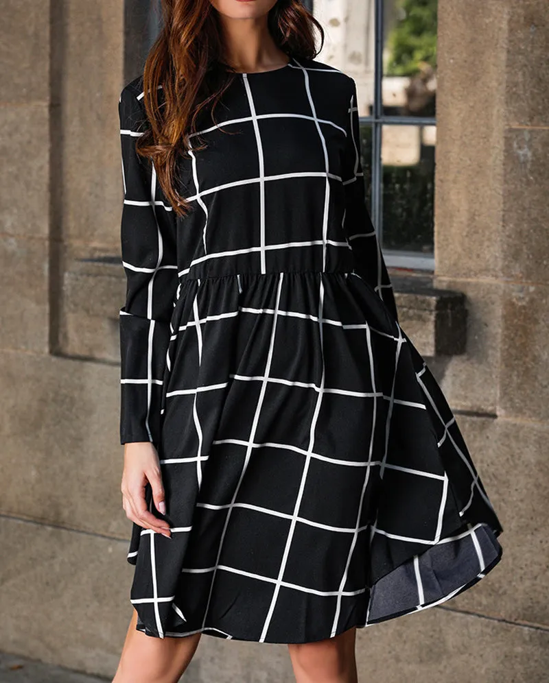 Simple Large Plaid Printed Long Sleeve Midi Dress