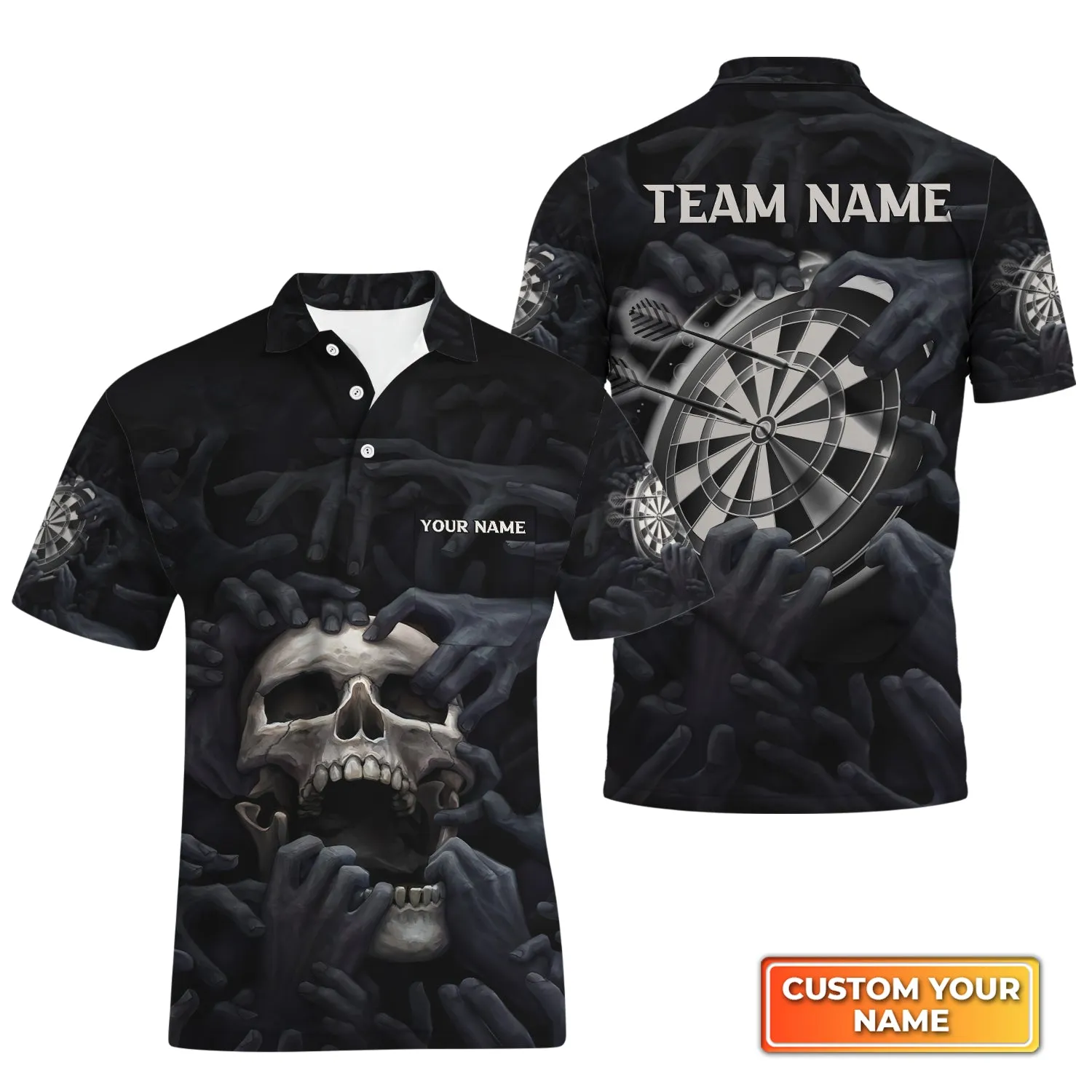 Skull Art Dartboard Personalized Name & Team Name 3D Skull And Darts Polo Shirt With Pocket For Dart Team Player Tad