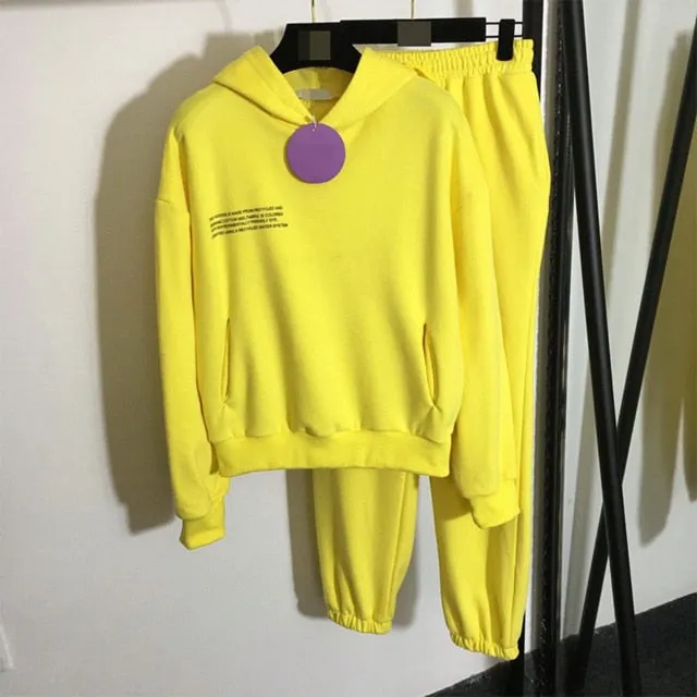 Solid Cotton Hooded Sweatshirts Hoodies Track Pants Joggers Women Tracksuits Two Piece Sets Sweatpants Sweatsuits Spring Female