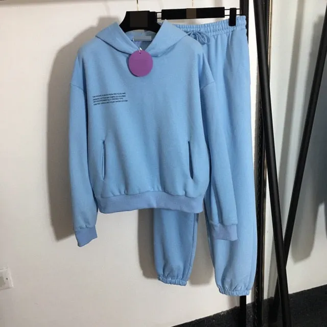 Solid Cotton Hooded Sweatshirts Hoodies Track Pants Joggers Women Tracksuits Two Piece Sets Sweatpants Sweatsuits Spring Female