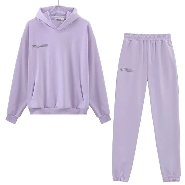 Solid Cotton Hooded Sweatshirts Hoodies Track Pants Joggers Women Tracksuits Two Piece Sets Sweatpants Sweatsuits Spring Female